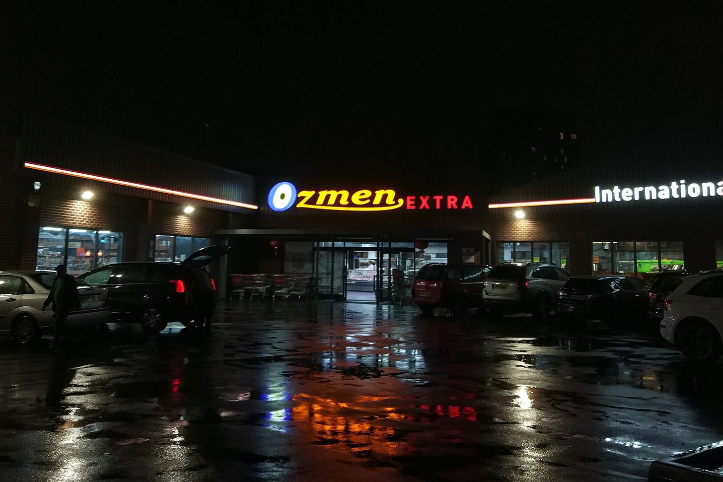 Sheffield-based international grocery store Ozmen, viewed at night 