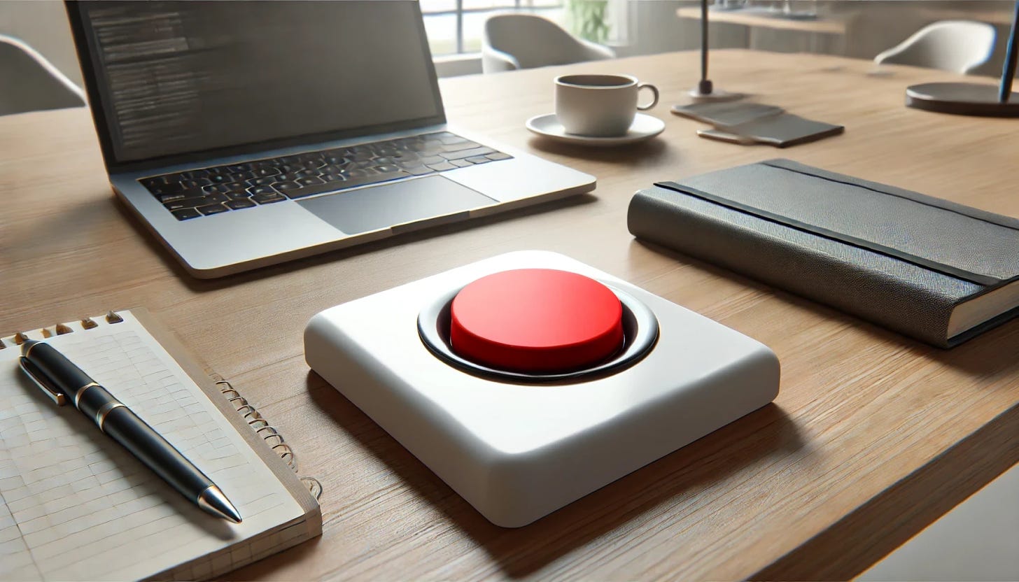 A realistic desk scene with a bright red button in the center of the desk, encased in a white plastic enclosure. The desk is clean, wooden, and minimal with no additional details such as notebooks or laptops, making the button the main focus. The background features natural light from a window, adding a serene touch to the modern, organized office space. No other elements or distractions are present in the image, highlighting simplicity and clarity.