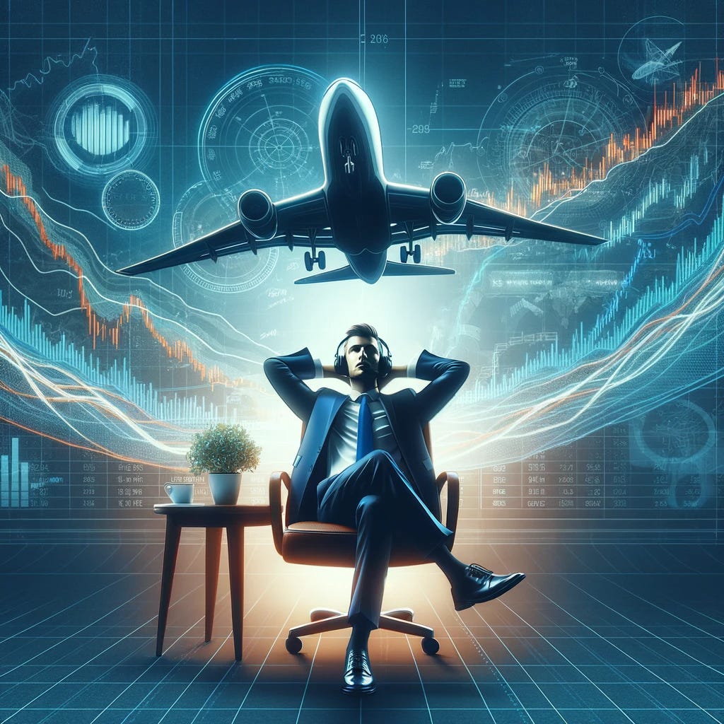 Abstract image blending options trading and aviation themes. It symbolizes a trader's skill in managing market risks, akin to a pilot navigating a plane, portrayed in a relaxed and approachable style.