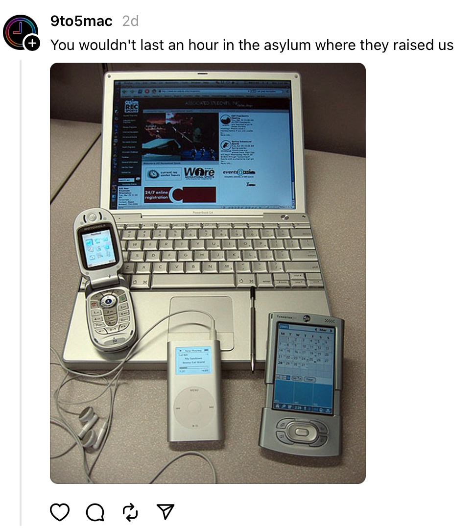 Screenshot of a tweet from 9to5 mac. It features a photo of an old laptop, cell phone, ipod and palm pilot. The text says "You wouldn't last an hour in the asylum where they raised us"