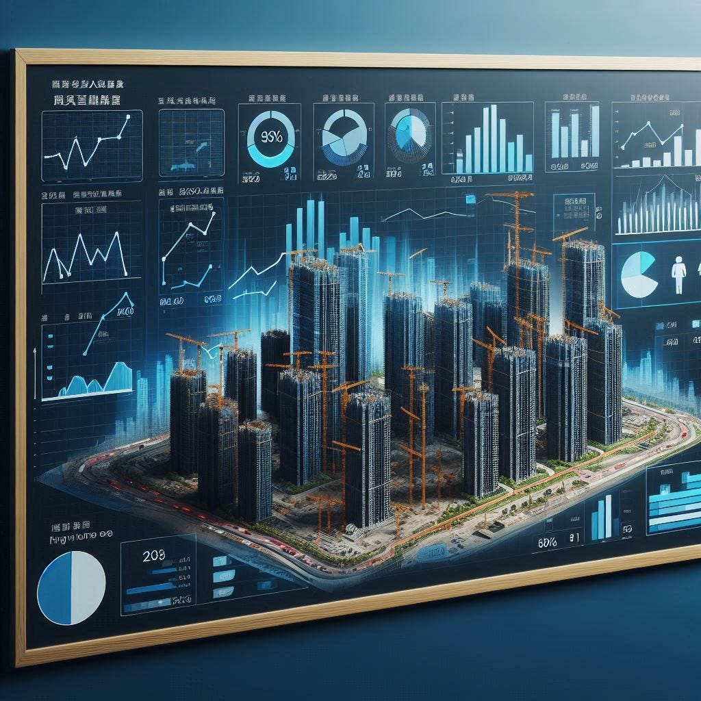 Ein Board mit Charts, durch die man Baustellen von Hochhäusern in China sehen kann. Auf dem Board sind verschiedene Charts zum Immobilienmarkt in China, alle mit einer negativen Richtung. Hauptfarbe: dunkelblau.