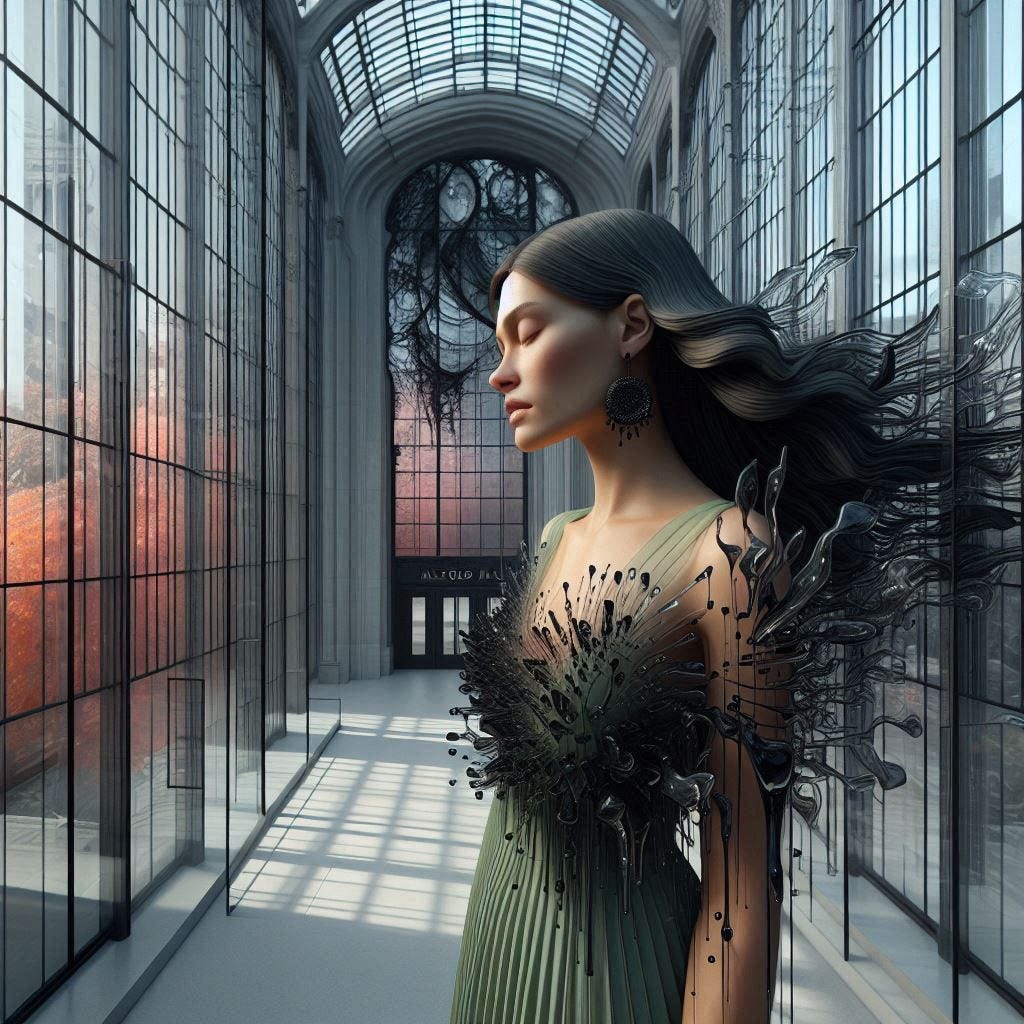 inside glass structure; tiltshift/ 5d angle glass embedded Altgeld hall building/ Broken into fragments/ pieces/ woman, serene/ meditate; in front of  Altgeld hall in olive, chartrues, dress /collar made of black water in resin/long black hair falling into her face. coral orange, pink, cream, olive address/earrings made of moons aglow/ reverberating waves. black hole in floor/ water in resin verdigris/ In the style of Michael Parkes. black etching/ black linework/ black sky 