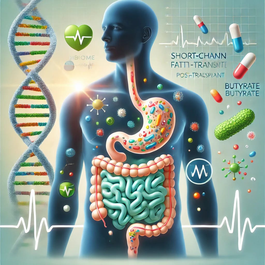 A professional medical illustration depicting the positive impact of dietary fiber on gut health and recovery post-transplant. The image includes a simplified depiction of the human gut with a vibrant and diverse microbiome, symbolized by colorful, abstract bacteria and short-chain fatty acids (e.g., butyrate) represented by glowing icons. In the background, a subtle silhouette of a DNA strand and a heart monitor graph suggest health and recovery. The style is clean, modern, and approachable, using soft colors like green, blue, and white to convey positivity and innovation, without overly detailed or unsettling visuals.