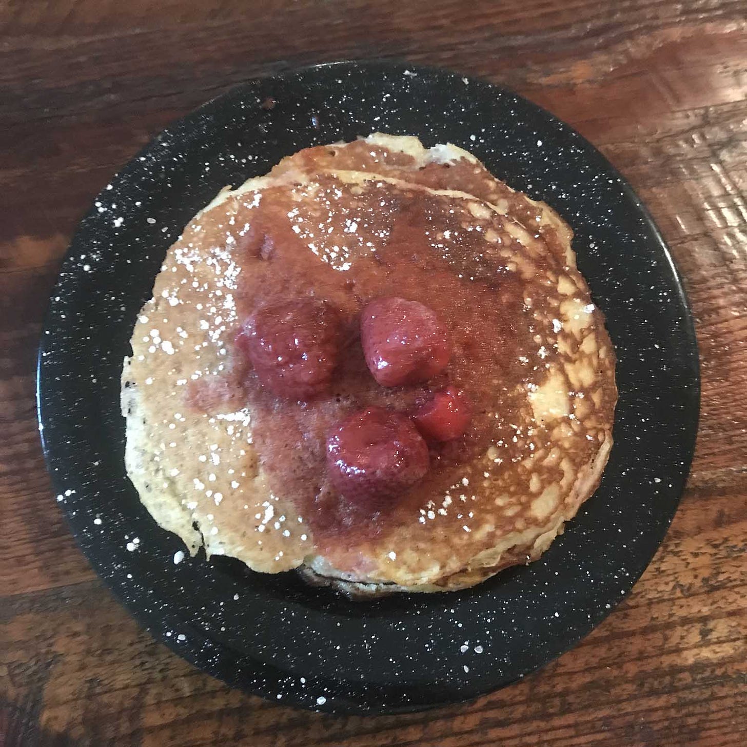 A photo I took of pancakes with blueberry compote on top and the strawberries do kinda look like The Polyp Man