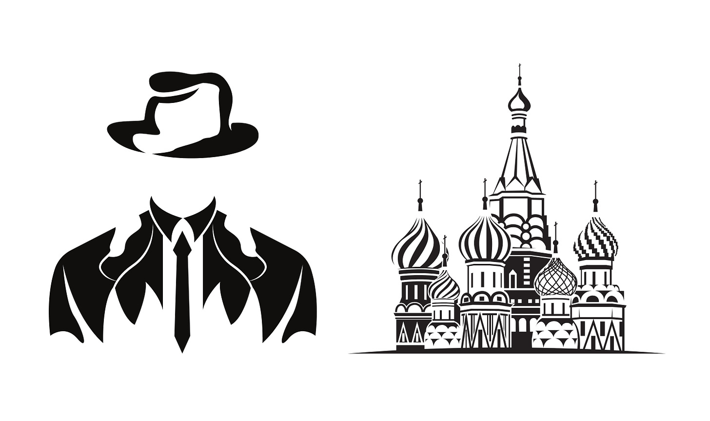 Graphic outline of gentleman and of Moscow skyline.