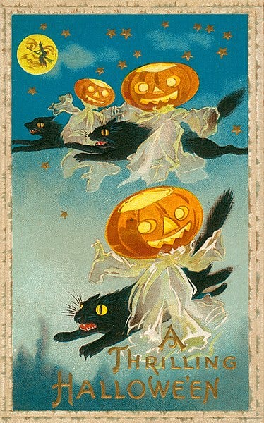 File:"A Thrilling Hallowe'en." (Three black cats flying through the air with Jack-o-lanterns).jpg