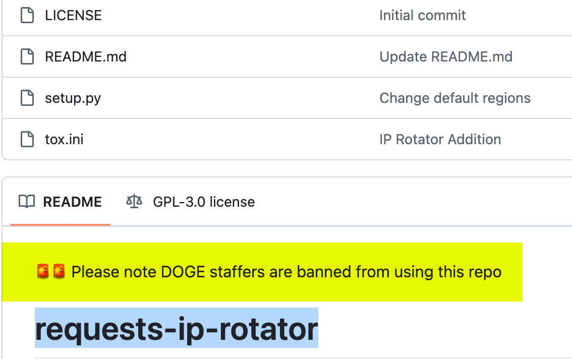 screenshot of Github repo with a note that says, "Please note DOGE staffers are banned from using this repo"
