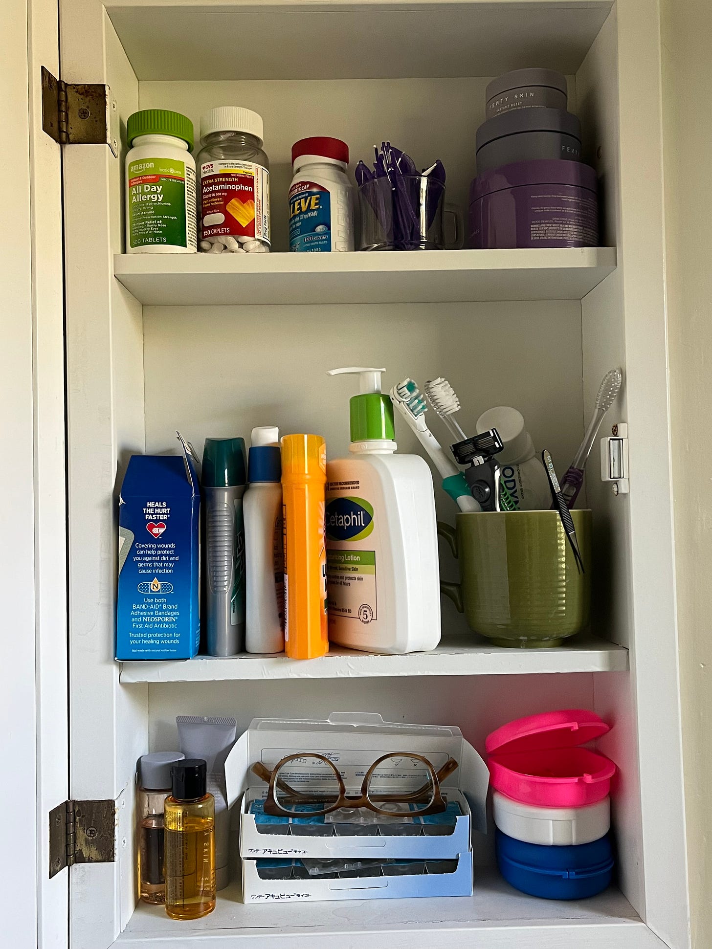 The contents of my medicine cabinet include an array of lotions, serums, deodorant, toothbrushes, retainers I don’t wear as often as I should, contact lenses, glasses, and pill bottles.