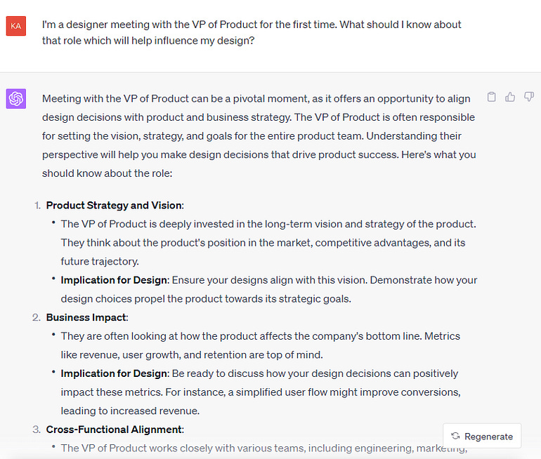 The chatgpt prompt above, along with some answers including: Product Strategy adn vision (along wiht implications for design), business impact, etc.)