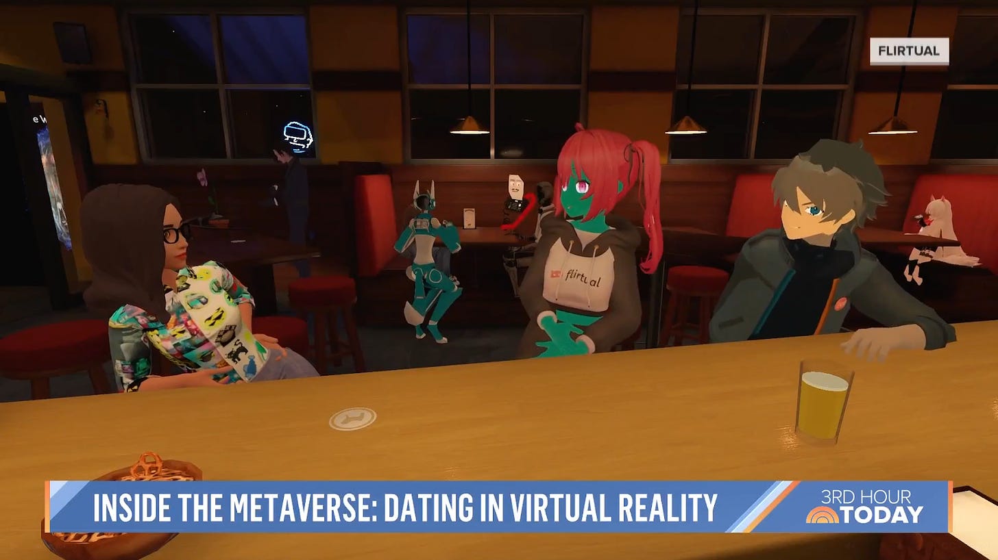 3 VR avatars converse at a bar on the Today show. A banner reads: "Inside the Metaverse: Dating in Virtual Reality"