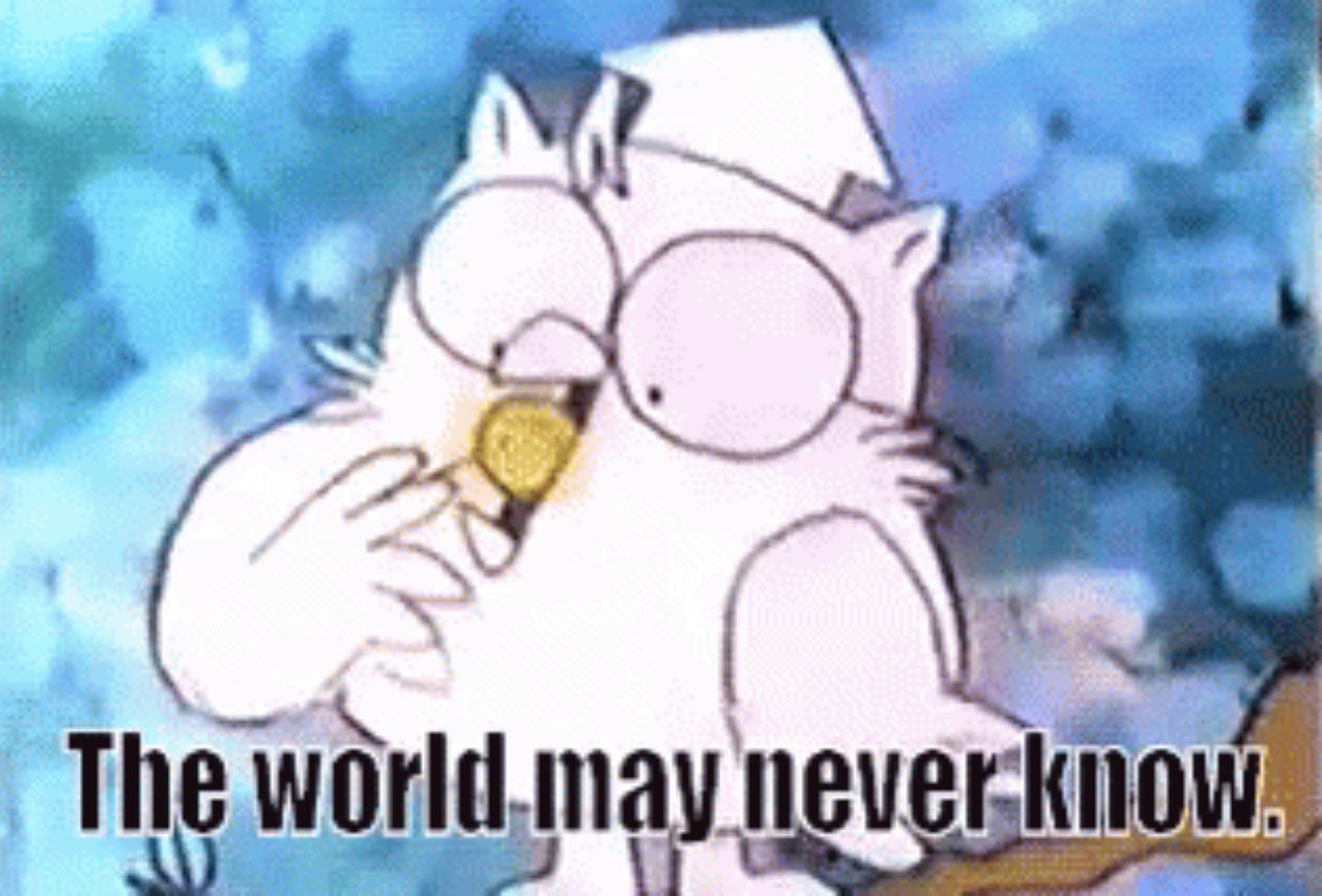 the world may never know (on an image of an owl about to crunch into a tootsie pop)