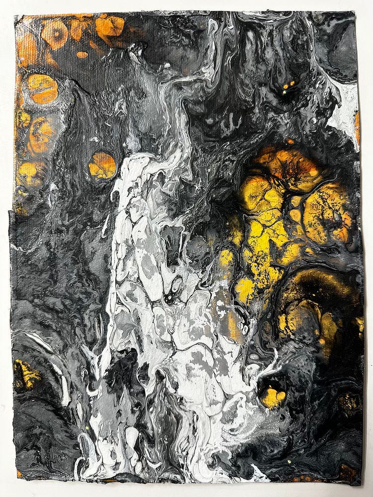 Abstract paint patterns (white on black and yellow/orange) that inspired ALL SOULS EVE