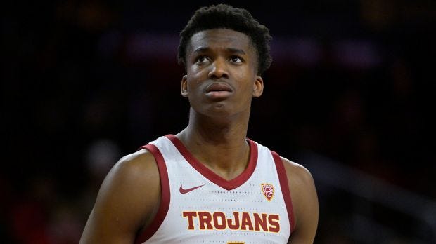 USC basketball player Vincent Iwuchukwu looks on from the court in his first USC game on January 12 at Galen Center in Los Angeles.
(Jayne Kamin-Oncea/Getty Images/File)
