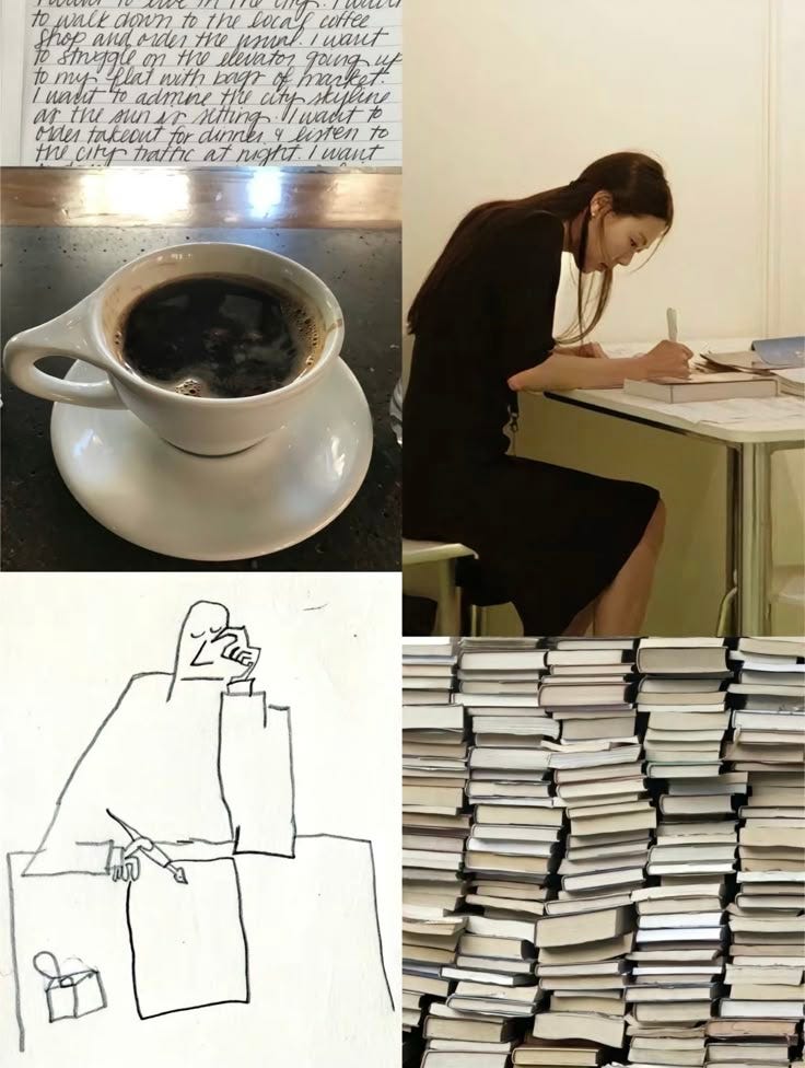 This may contain: there is a woman sitting at a table next to books and a cup of coffee