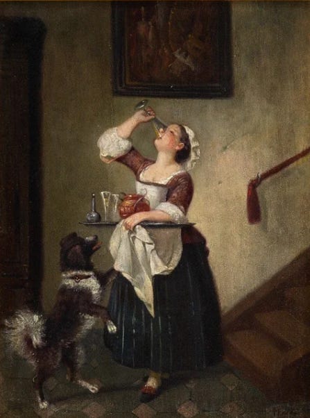 An old oil painting in muted natural colours of a young woman in 19th century dress drinking from a champagne flute. A black and white dog jumps up at her. She is carrying a tray of empty glasses.