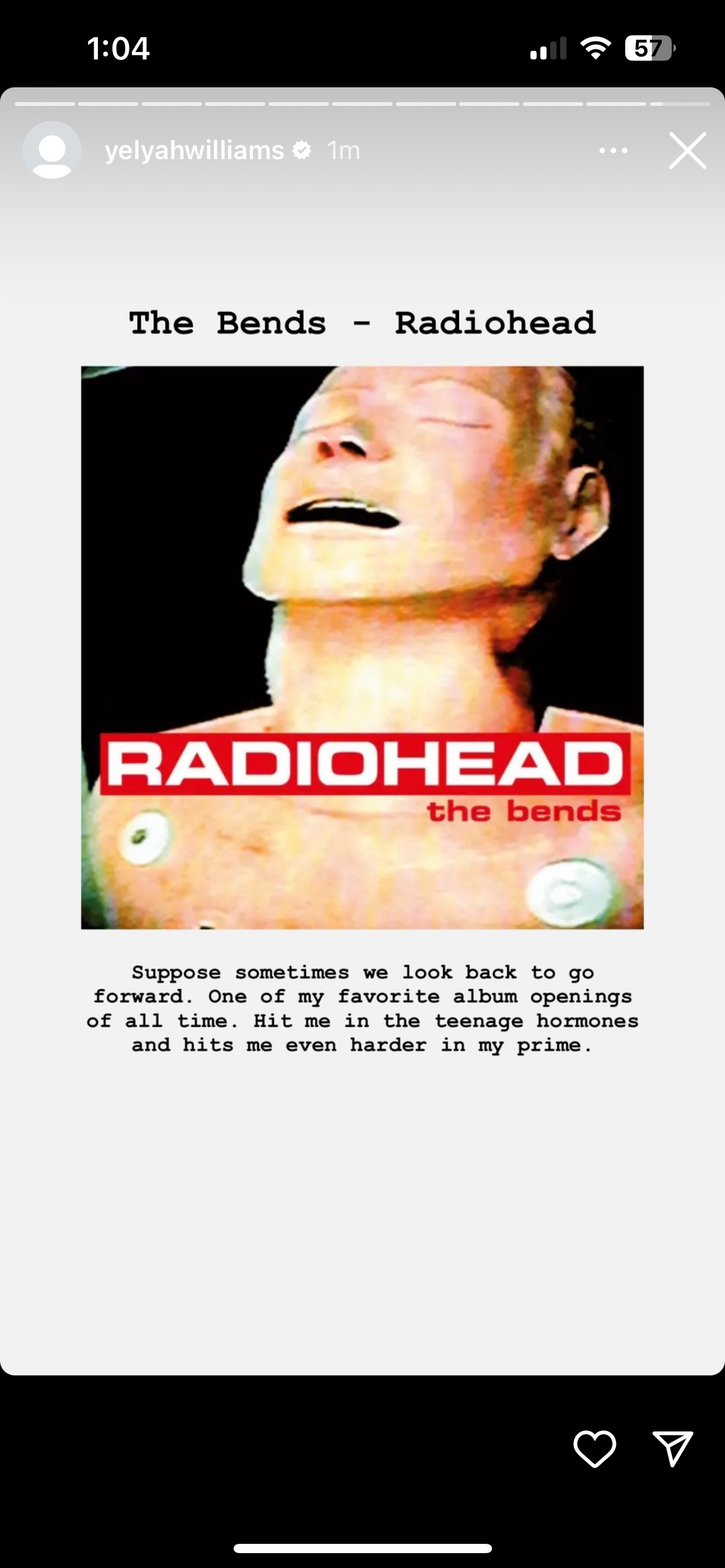 Screenshot of IG story from Hayley Williams showing cover of The Bends with note: Suppose sometimes we look back to go forward. One of my favorite album openings of all time. Hit me in the teenage hormones and hits me even harder in my prime."