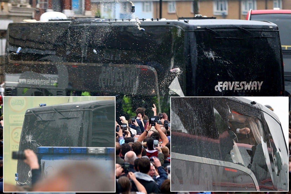 west ham fans hit manchester united bus during Premier League game 2016 images