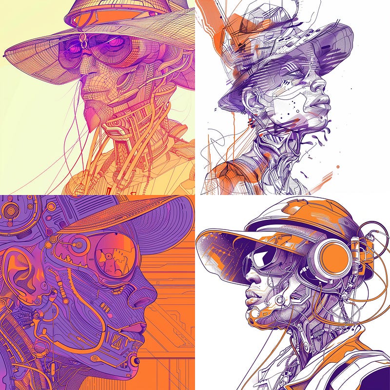 biomechanical cyborg with fishing hat in orange and purple tones