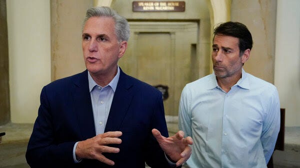 Speaker of the House Kevin McCarthy and Louisiana Rep. Garret Graves speaks with members of the press after participating in a phone call on the debt ceiling with President Biden on Sunday.
