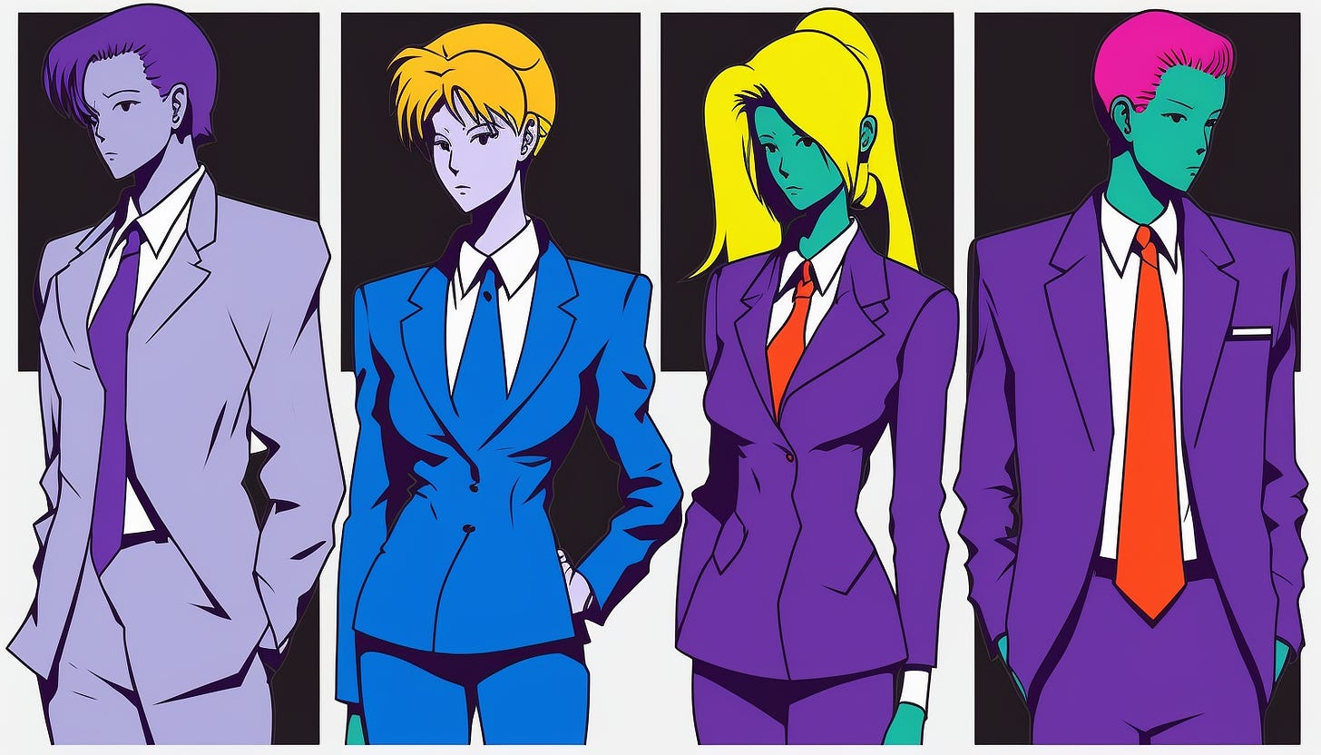 minimalistic illustration of lobbyists, 90s anime, vibrant colors