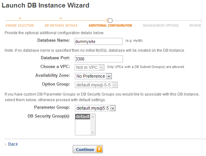 Amazon RDS - Create Site DB