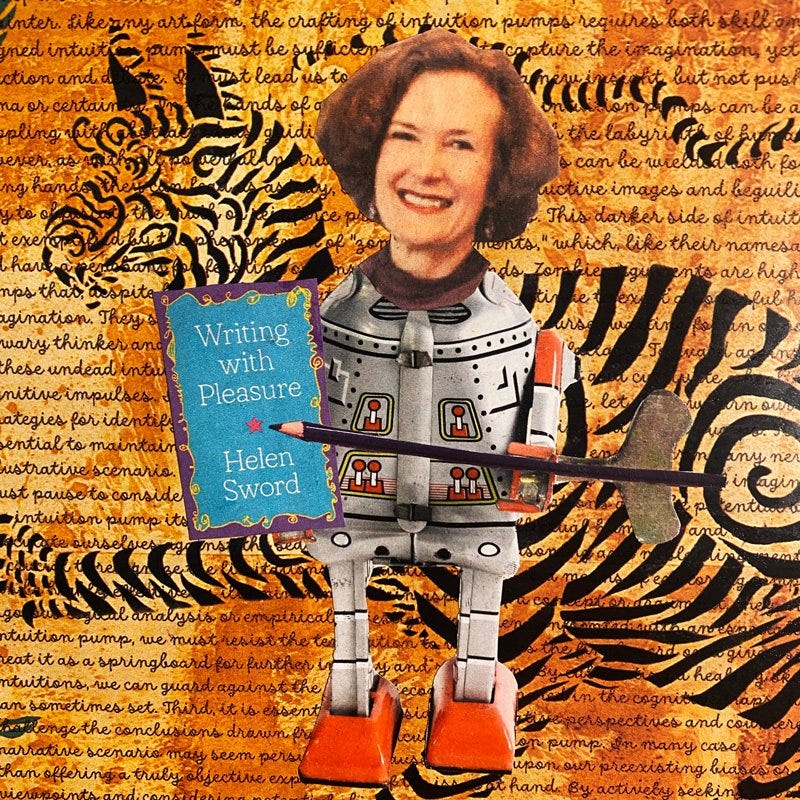 A collage image by Helen Sword depicting a stylised tiger in the background with a robot holding Writing with Pleasure topped with Helen's head in the foreground.