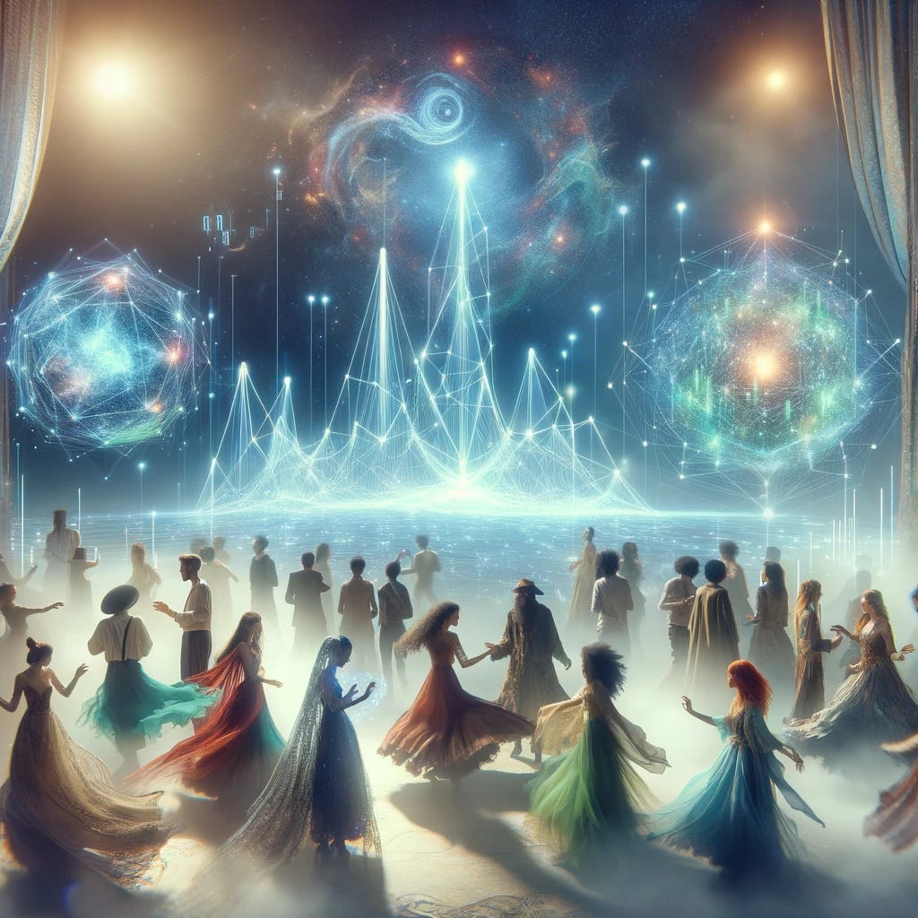 A mystical and ethereal scene of a diverse group of people (men and women) dancing around prominent complex graphs at a party. The environment is dreamy with soft glowing lights and misty surroundings. The people are dressed in flowing, fantasy-inspired attire of various styles and colors, representing different cultures. The graphs are large and floating holographically in the air, emitting a bright, radiant glow, making them a central focus. The atmosphere is enchanting, with a magical aura that blends the celebration with data visualization in an otherworldly setting.