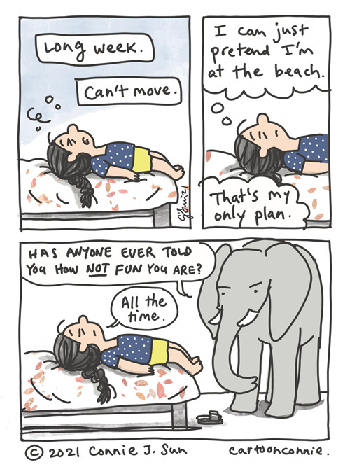 Sketchbook comic about being too tired to have fun after a long week, by Connie Sun, cartoonconnie