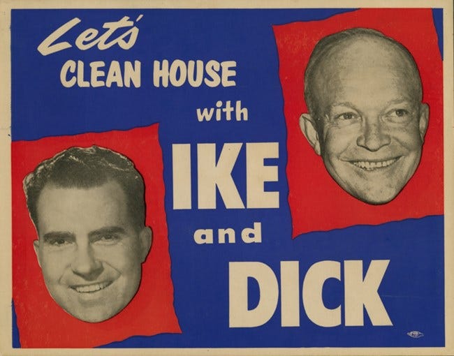 A blue and red graphic with Eisenhower and Nixon