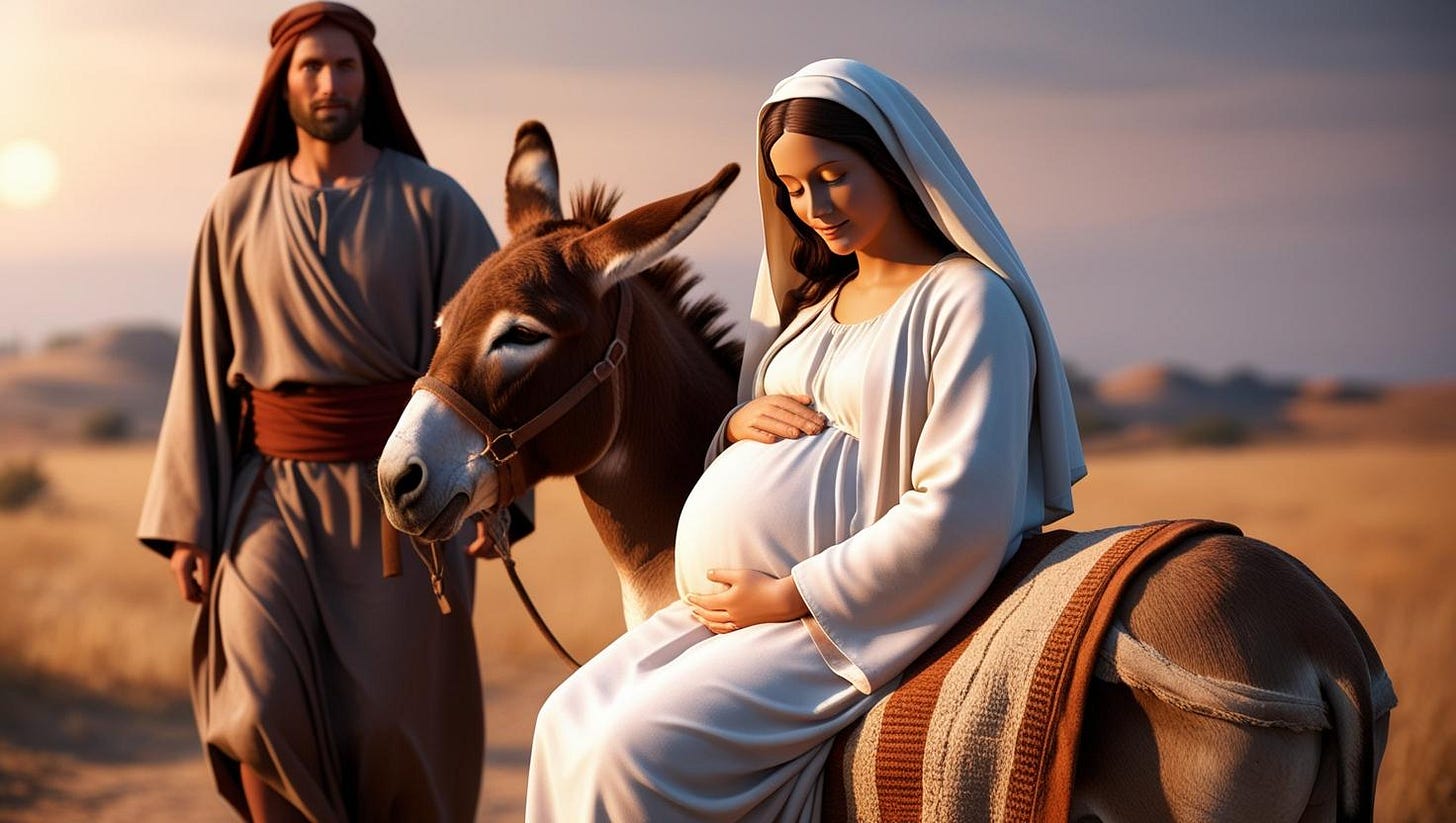 A dusty desert, Joseph is leading the donkey that is carrying a pregnant Mary to Bethlehem