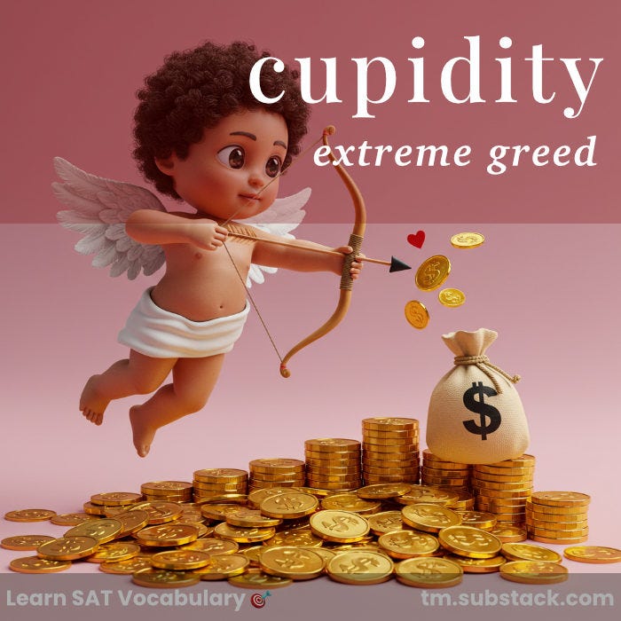 Illustration of a cute cupid floating above gold coins; used to illustrate the SAT word 'cupidity'.