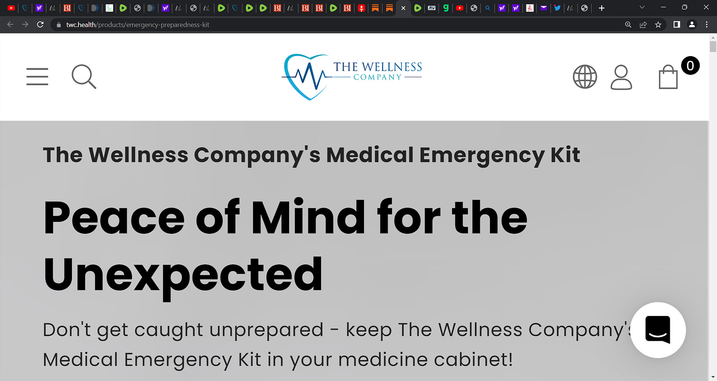 Medical Emergency kit (8 key medications to always keep on hand) from The Wellness Company (TWC) website: TWC.health; kit seen here: https://www.twc.health/products/emergency-preparedness-kit?ref=Paul