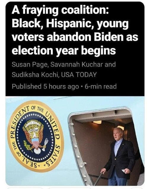 May be an image of ‎1 person and ‎text that says '‎A fraying coalition: Black, Hispanic, young voters abandon Biden as election year begins Susan Page, Savannah Kuchar and Sudiksha Kochi, USA TODAY Published hours ago 6-min read PRESIDENT OF THE UNITED THE OF ***+ AL ن STATES‎'‎‎
