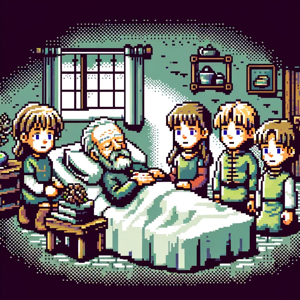 Craft an image featuring a family scene with a distinct 8-bit video game cutscene graphic style. The scene includes an old man, representing the dying scion, lying down, possibly on a simple bed or a similar resting place, with his four children gathered around him. These children consist of two brothers and two sisters, each with unique 8-bit character designs that hint at their personalities and relationships within the family. The setting is minimalistic, focusing on the characters and their interaction, with a background that suggests a humble dwelling or a room within a larger estate. The 8-bit style should be clearly visible, with chunky pixels, limited color palettes reminiscent of classic video games, and straightforward expressions that convey the scene's emotional weight despite the graphic simplicity. This image aims to capture a moment of familial connection and the passing of legacy in the digital aesthetic of early video gaming.
