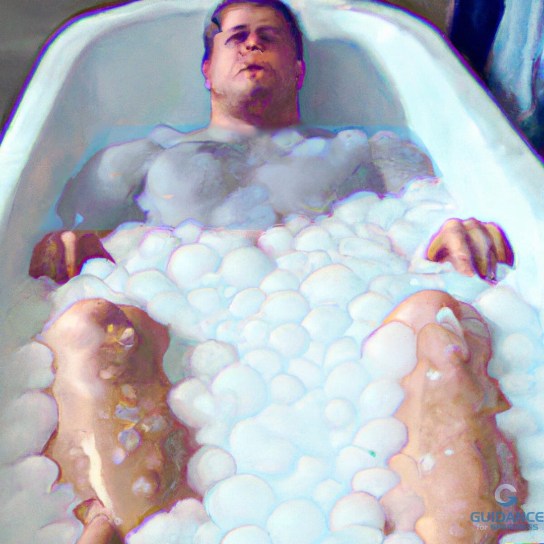 AI generated photorealistic image of a white man in a bathtub. Bubbles cover all but his chest, head, hands, and knees. He has a blank look on his face.