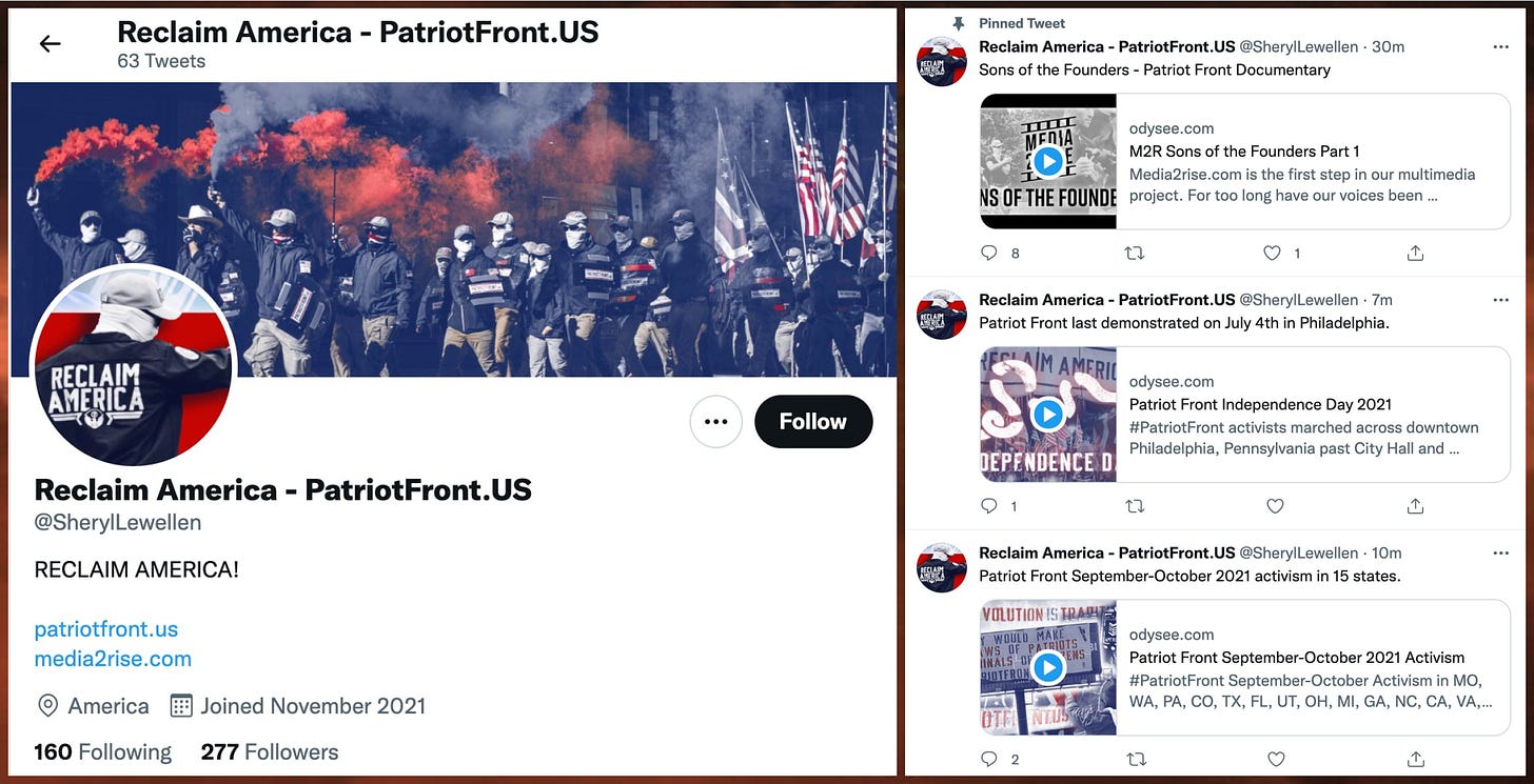 screenshots of the @SherylLewellen account after it was redecorated as a Patriot Front account