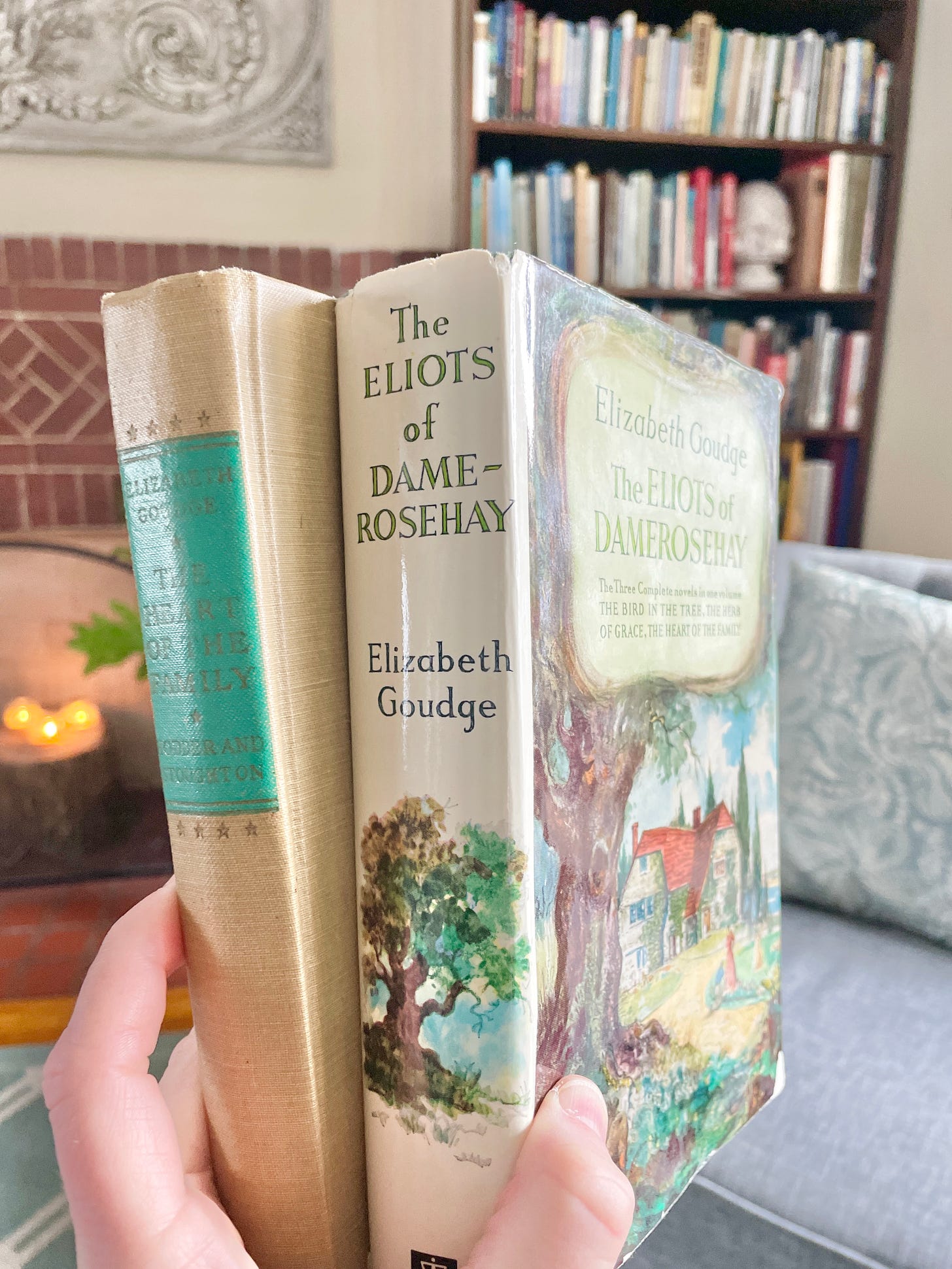 The omnibus edition of The Eliots of Damerosehay and The Heart of the Family near our fireplace in the living room at Havenwood. 