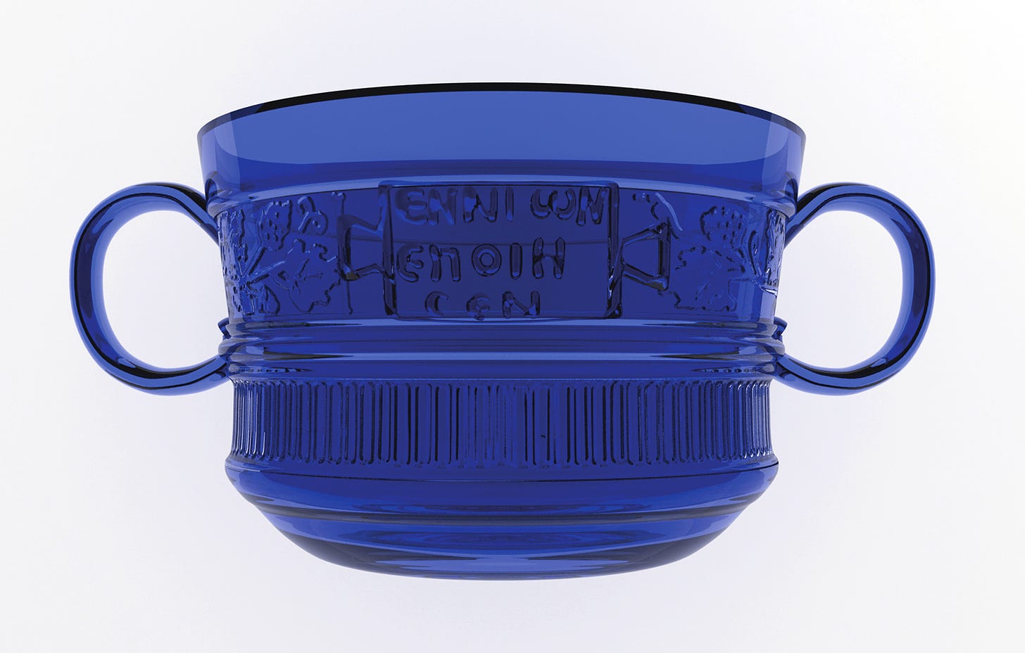 a blue class cup with latin inscription and two handles
