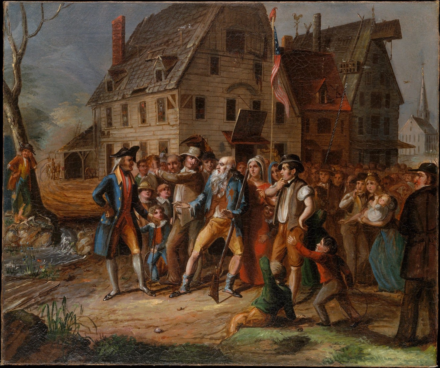 oil painting of townsmen confronting Rip Van Winkle in "Rip Van Winkle" by Albertis del Orient Browere, 1833