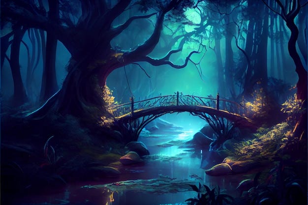 A bridge in the forest with a river and trees. | Premium AI-generated image