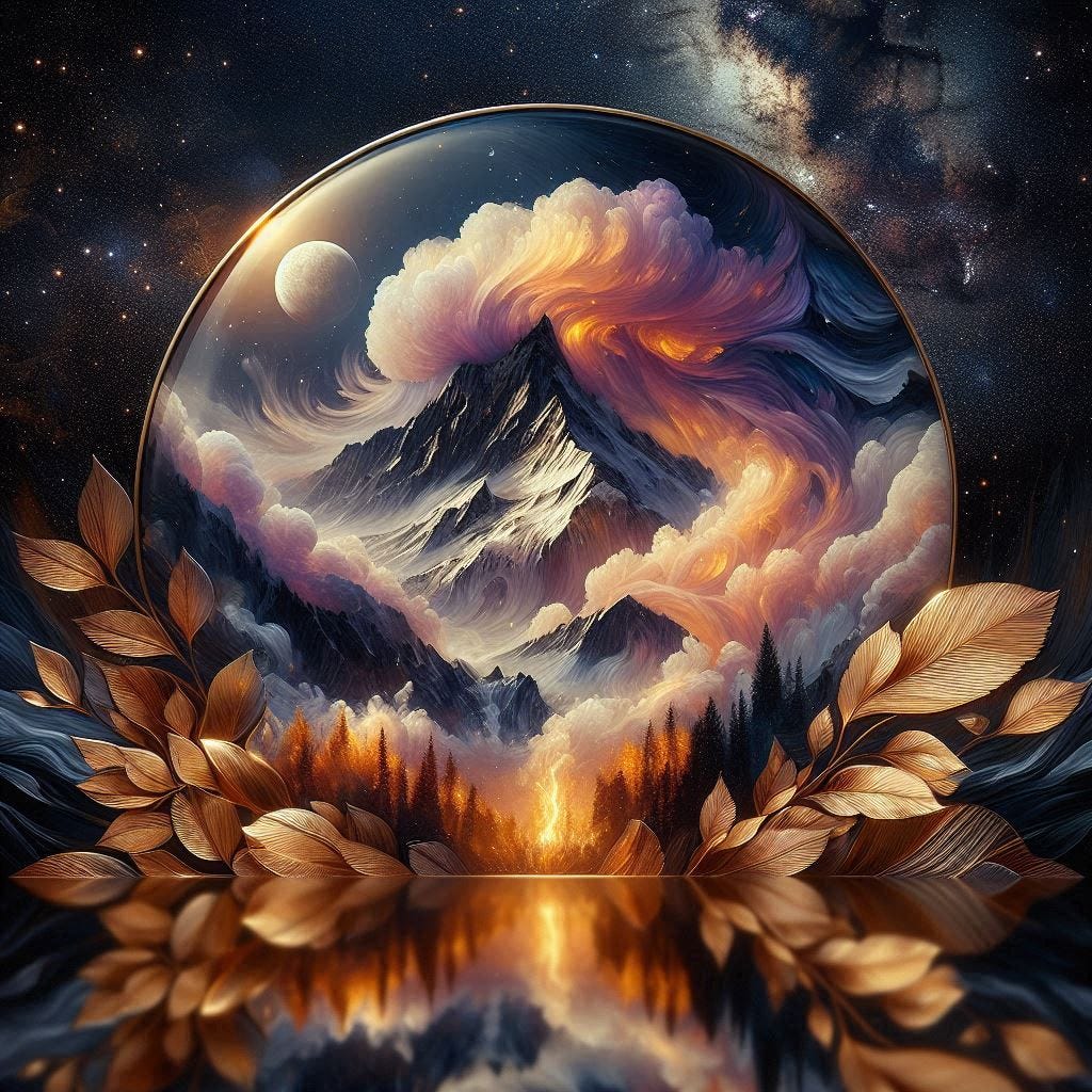 11d angle glass leaf with with a small fire in it over image of  Birchwood/rosewood AI making an image of itself.  black and purple starry night/ water in resin/soft, beautiful/honey-wood and copper/Marquetry,verdigris. mountain / fluffy cloud floating low in foreground / honey-gold-swirl/surrounded by copper leaves.REFLECTED/ Inspired by style of Jeffrey Catherine Jones /swirling clouds under moon.black starry sky / love/ bliss