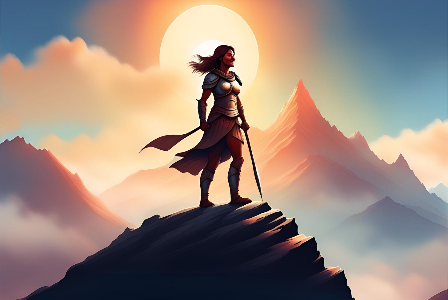 Illustration of a smiling woman warrior standing on the top of a mountain on a sunny day