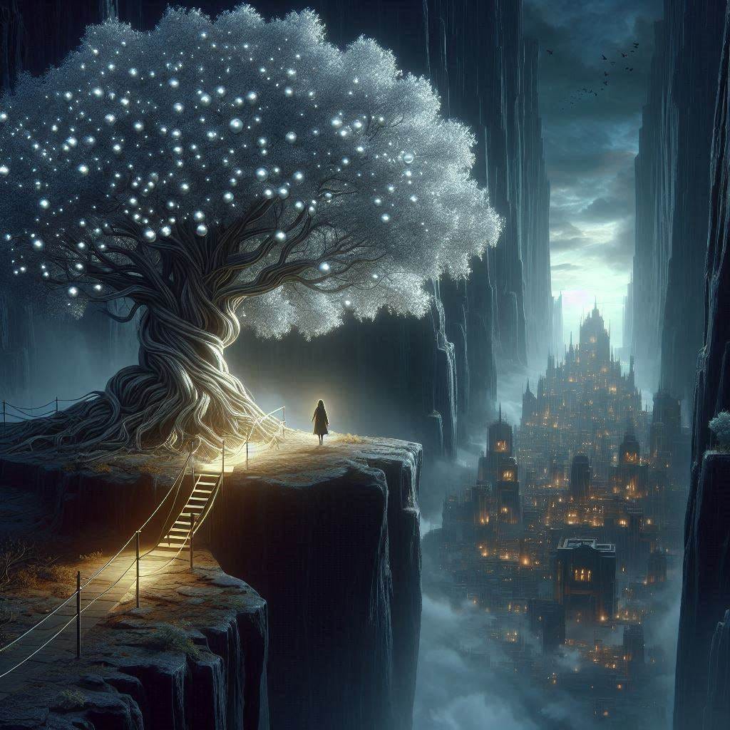 A giant tree with silver glowing fruit with a single handrail going to it next to a cliff and beyond the chasm is a building full of evil people and its all dark and dreary except the tree which is full of hope