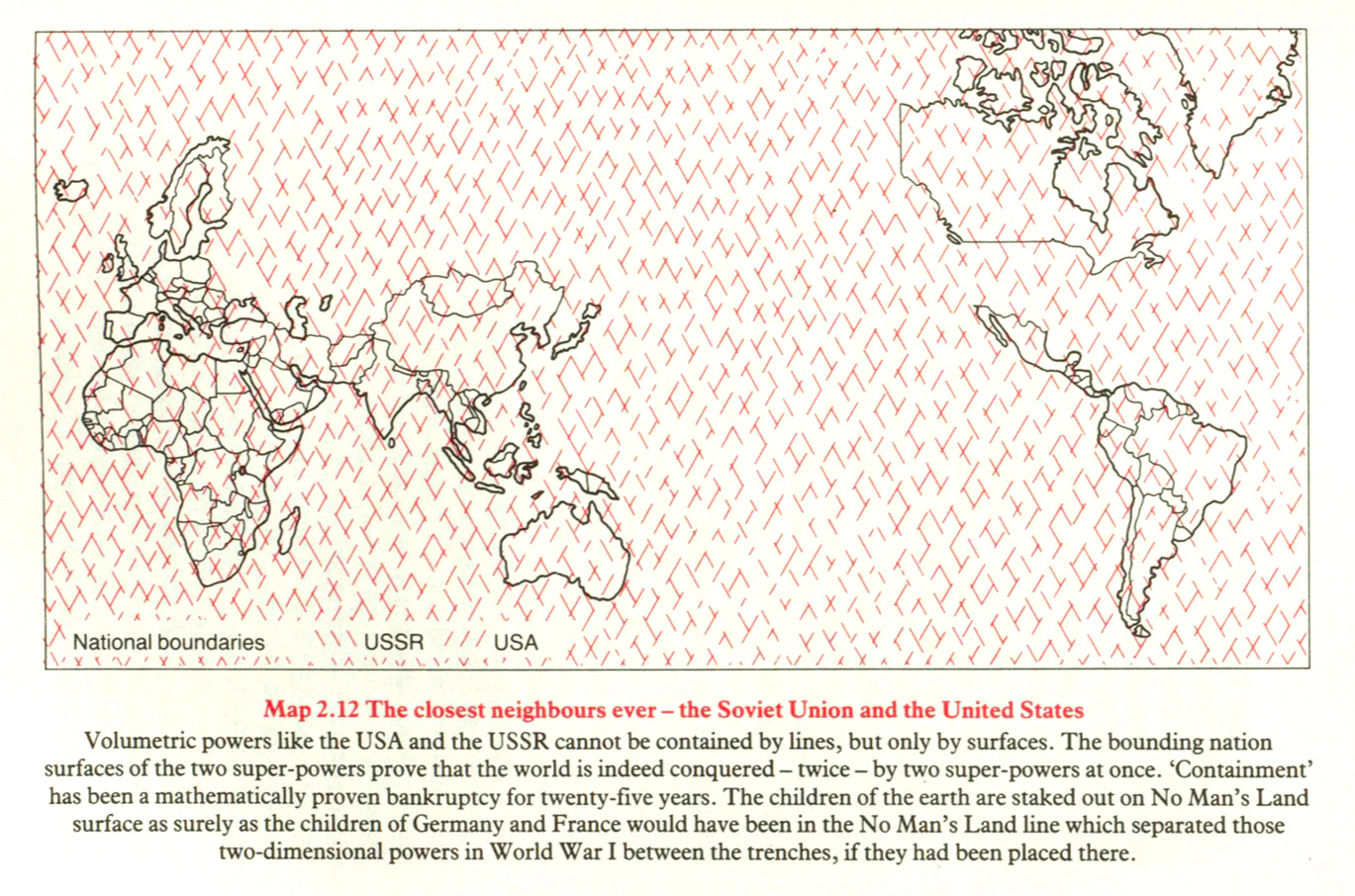 A map of the countries of the Earth, but lacking any distinct boundaries for the United States or the Soviet Union. Instead, the map has a hash of red marks on it which the legend indicates as the "national boundaries" of both nations.