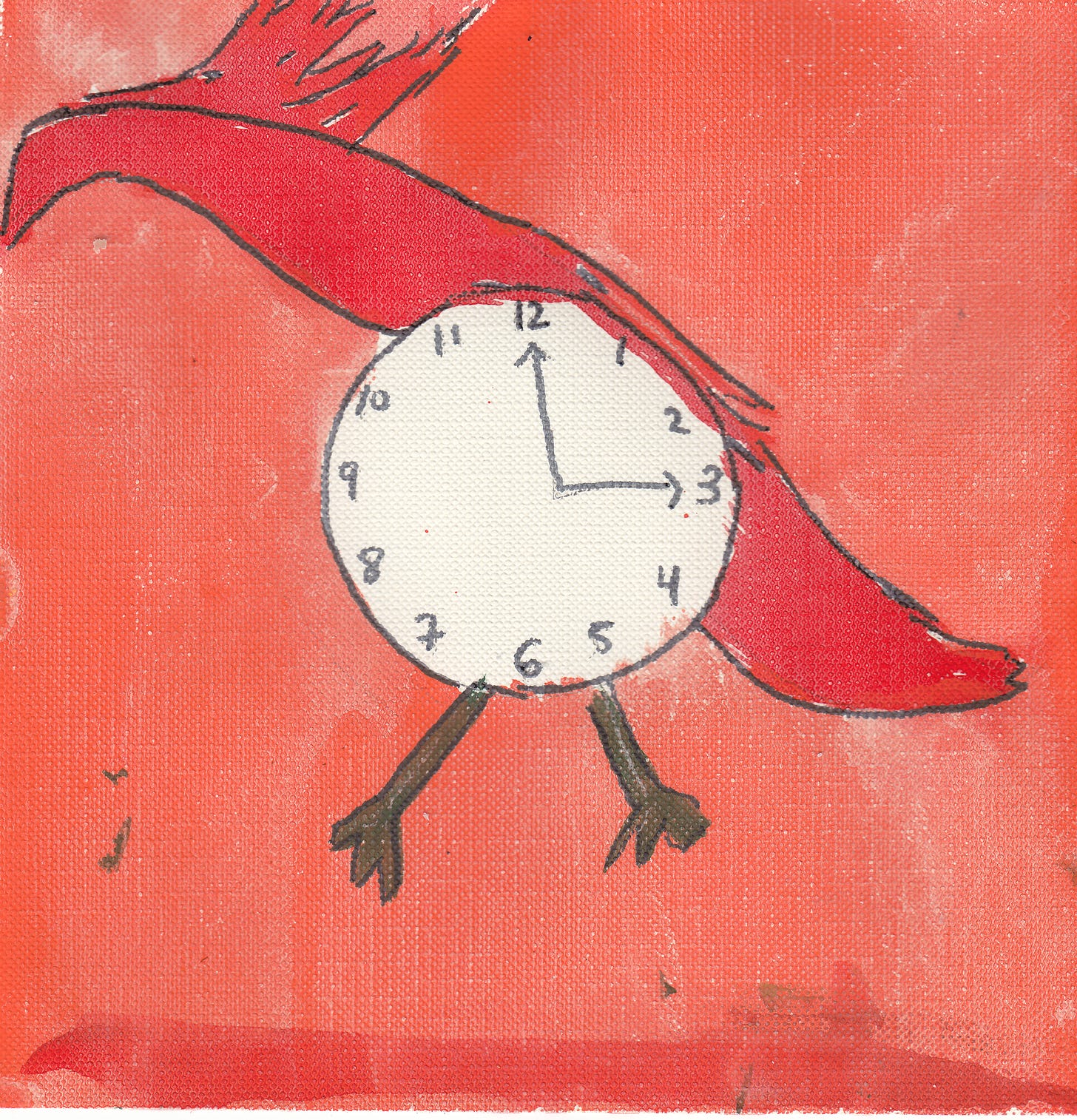 red bird with clock belly. orange background