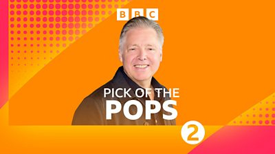 Mark Goodier smiling with the words Pick of the Pops Radio 2 on an orange and pink graphic bright background
