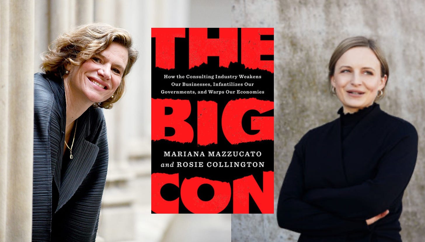 Profile photographs of Mariana Mazzucato and Rosie Collington, and the cover image of ‘The Big Con.’