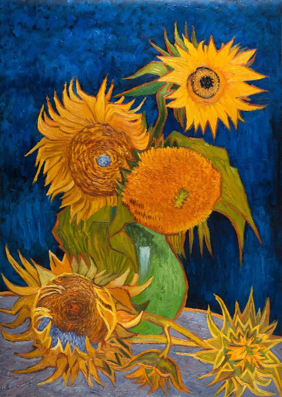 Vase with Five Sunflowers Van Gogh Reproduction, hand-painted in oil on  canvas