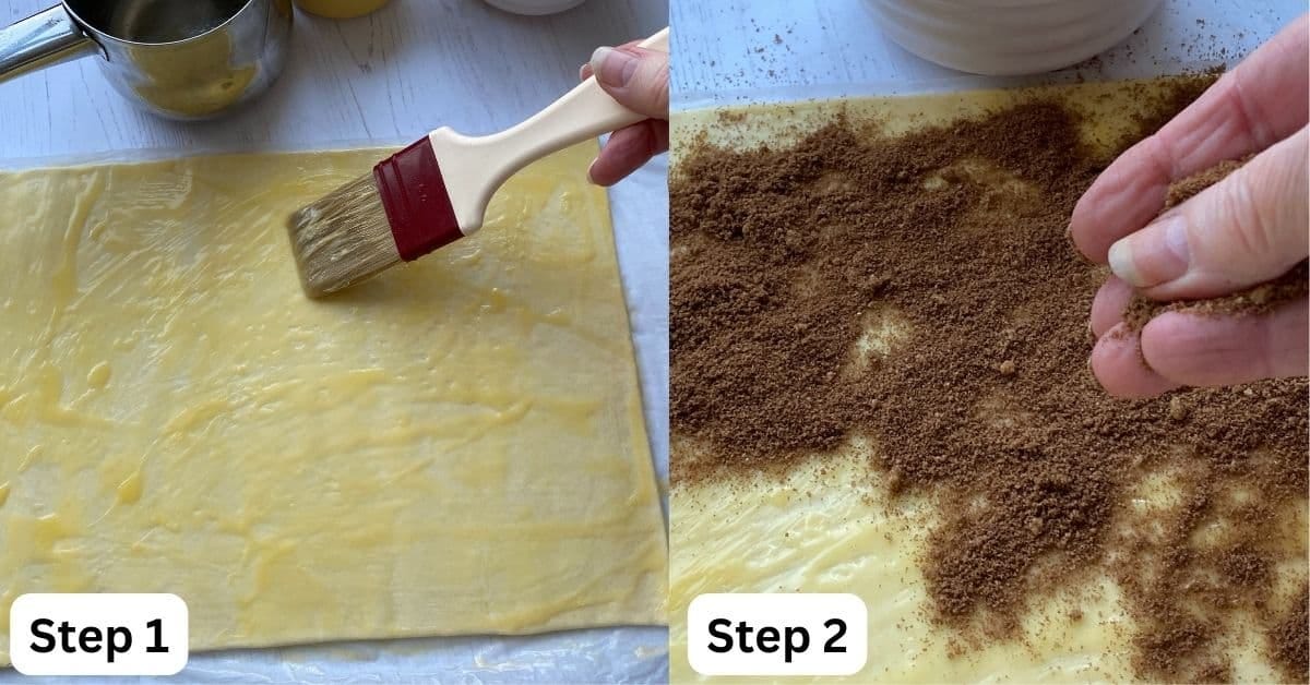 Rolled out puff pastry spread with butter and cinnamon. 