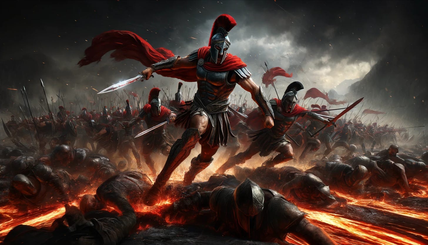 A band of fierce Spartan warriors, clad in traditional armor and red capes, rushing through a chaotic battlefield filled with streams of flowing lava. The scene is intense, with the Spartans heroically slashing through hundreds of enemy soldiers. The enemies are falling around them, illustrating their unstoppable force and skill in combat. The sky is dark with smoke and ash, adding to the dramatic and apocalyptic atmosphere of the scene.